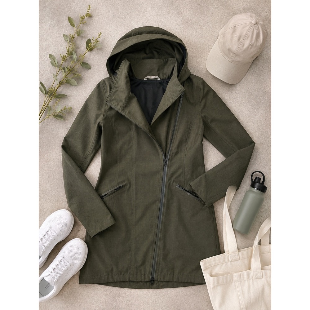 Athleta Olive Green Hooded Rain Jacket XS Waterproof Commuter Trench Coat